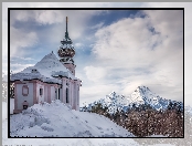 Góry, Drzewa, Niemcy, Kościół, Bawaria, Berchtesgaden, Alpy Salzburskie, Zima, Śnieg, Sanktuarium Maria Gern