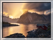 Hamnoy, Lofoty, Morze, Norwegia, Zachód słońca, Domy, Góry