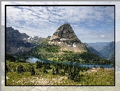 Góry, Stan Montana, Jezioro Hidden Lake, Stany Zjednoczone, Góra Bearhat Mountain, Drzewa, Chmury, Park Narodowy Glacier