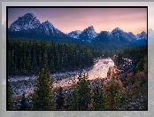 Góry Skaliste, Drzewa, Las, Ośnieżone, Kanada, Bow River, Pociąg, Szczyty, Alberta, Rzeka, Park Narodowy Banff