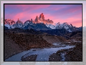 Wschód słońca, Szczyt, Park Narodowy Los Glaciares, Andy, Góry, Patagonia, Argentyna, Fitz Roy, Rzeka