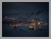Góry, Grenlandia, Miasto, Nocą, Zima