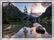 Jezioro Hintersee, Góry, Chmury, Skały, Niemcy, Alpy, Bawaria, Drzewa, Gmina Berchtesgaden