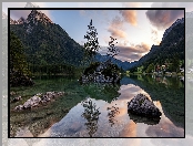 Jezioro Hintersee, Góry, Chmury, Skały, Niemcy, Alpy, Bawaria, Drzewa, Gmina Berchtesgaden