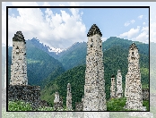 Kaukaz, Erzi, Wieże obronne, Skały, Rosja, Inguszetia, Drzewa, Ruiny, Góry