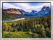 Góry, Stan Montana, Stany Zjednoczone, Drzewa, Park Narodowy Glacier, Jezioro Two Medicine Lake