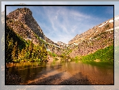 Góry, Montana, Drzewa, Stany Zjednoczone, Jezioro Grinnell Lake, Błękitne, Niebo, Park Narodowy Glacier