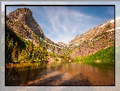 Góry, Montana, Drzewa, Stany Zjednoczone, Jezioro Grinnell Lake, Błękitne, Niebo, Park Narodowy Glacier