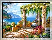Taras, Góry, Widok, Patio, Kwiaty, Stolik, Morze