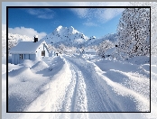 Zaśnieżona, Droga, Zima, Góry, Domy, Drzewa, Ośnieżone