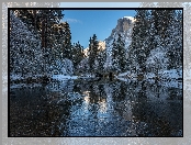 Góry, Park Narodowy Yosemite, Most, Szczyt El Capitan, Stany Zjednoczone, Zima, Stan Kalifornia, Rzeka Merced River, Drzewa