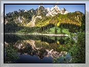 Drzewa, Austria, Jezioro Gosauseen, Odbicie, Dachstein, Góry