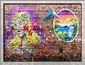 Graffiti, Ptak, Ściana, Kobieta