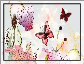 Grafika, Kwiaty, 2D, Motyle