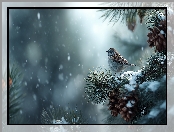 Szyszki, Grafika AI, Wróbel, Sosna