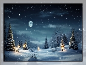 Zima, Drzewa, Oświetlenie, Grafika, Noc, Choinki