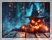 Świece, Halloween, Dym, Grafika AI, Kapelusz, Dynia