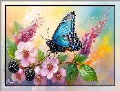 Niebieski, Motyl, Jeżyny, Grafika, Kwiaty, Liście, Różowe