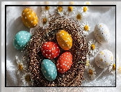 Wielkanoc, Kolorowe, Kwiaty, Grafika AI, Gniazdko, Pisanki