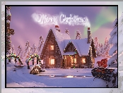 Zima, Życzenia, Grafika, Boże Narodzenie, Świerki, Most, Śnieg, Napis, Domy, Dekoracje