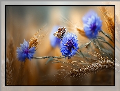 Motyl, Chabry, Zboże, Grafika AI, Kwiaty, Niebieskie