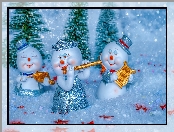 Figurki, Gwiazdki, Bałwanki, Świąteczne, Trzy, Instrumenty, Choinki, Śnieg