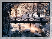 Most, Zima, Drzewa, Śnieg, Finlandia, Rzeka Tarpianjoki, Viiala, Kamienie, Haihunkoski
