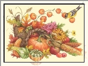 Halloween, ptaszek, warzywa, dynie