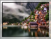 Domy, Hallstatt, Austria, Mgła, Jezioro Hallstättersee, Góry