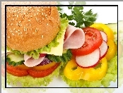 Hamburger, Warzywa, Ser, Szynka