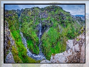 Góry, Kanion Mulagljufur, Skały, Islandia, Omszałe, Wodospad Hangandifoss