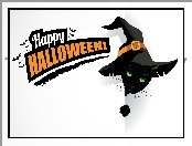 Halloween, Happy Halloween, Grafika, Kot, Czarny, Kapelusz, Napis