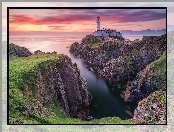 Morze, Hrabstwo Donegal, Fanad Head Lighthouse, Irlandia Północna, Latarnia morska, Skały, Zachód słońca, Portsalon