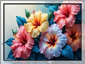 Kwiaty, Hibiskusy, Krople, Kolorowe, Zbliżenie