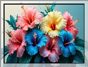Różowe, Krople, Żółty, Kwiaty, Liście, Grafika, Niebieskie, Hibiskusy