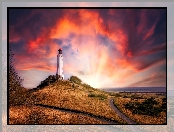 Hiddensee, Latarnia morska, Chmury, Niemcy, Zachód słońca, Dornbusch Lighthouse