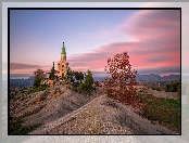 Hiszpania, Góry, Gmina Manlleu, Zachód słońca, Katalonia, Kościół Santuari Puig Agut, Droga, Drzewa