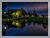 Dom, Holandia, Zaanse Schans, Odbicie, Noc, Wiatrak