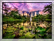Singapur, Staw, Lilie wodne, Hotel Marina Bay Sands, Futurystyczny ogród Gardens by the Bay