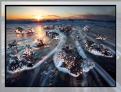 Fale, Morze, Islandia, Park Narodowy Vatnajökull, Lód, Wschód Słońca