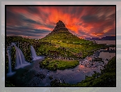 Islandia, Zachód słońca, Góra Kirkjufell, Wodospad