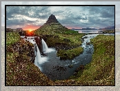 Islandia, Wodospad, Rzeka, Wschód słońca, Góry
