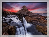 Zachód słońca, Islandia, Półwysep Snæfellsnes, Góra Kirkjufell, Wodospad Kirkjufellsfoss