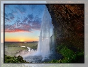 Islandia, Słońca, Wodospad, Zachód