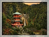Japonia, Świątynia, Góry, Lasy, Wodospad