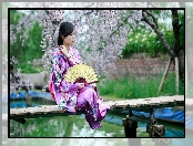 Japonka, Wachlarz, Ogród, Kimono