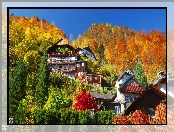 Jesień, Austria, Miasteczko Hallstatt, Domy, Góra
