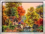 Jesień, Staw, Domek, Malarstwo, Drzewa, Widoczek