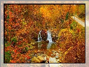 Jesień, Kamienie, Rzeka, Latarnia, Drzewa, Droga
