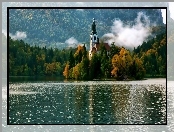 Jezioro, Jesień, Słowenia, Bled, Las, Mgła, Kościół
